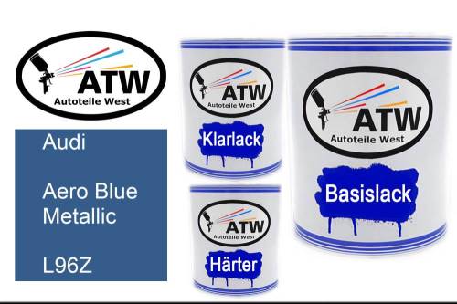 Audi, Aero Blue Metallic, L96Z: 1L Lackdose + 1L Klarlack + 500ml Härter - Set, von ATW Autoteile West.